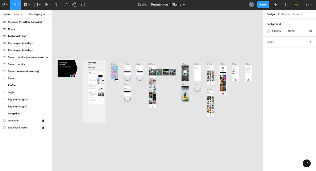 A screen showing how to create a prototype in Figma. Users can comment, drag, and edit the file.