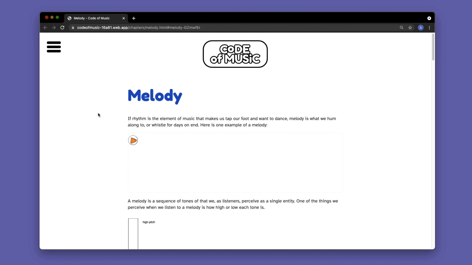 An animated GIF scrolls through the webpage “codeofmusic.com,” which shows animations of melody, and pitch and loudness, with accompanying text.