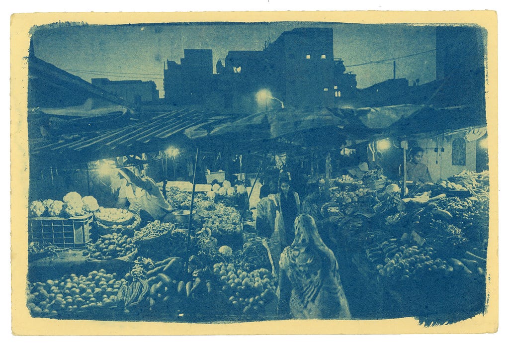 Cyanotype of a market in Akkipet, Bengaluru