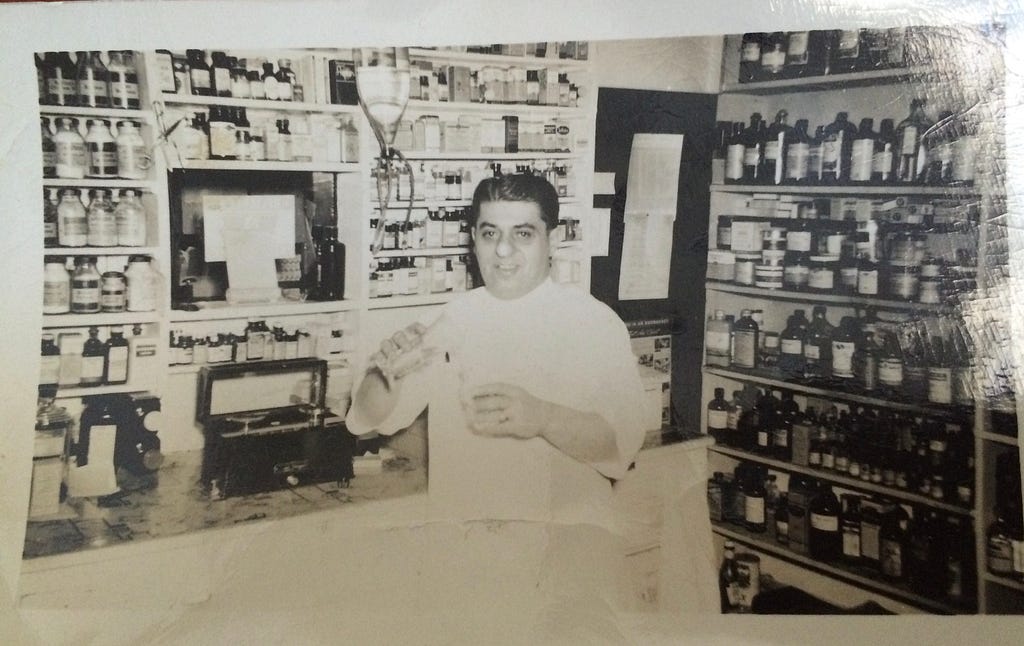 My grandfather, David Schuman, at Champlain Drug Store, Hartford, CT, circa 1940, from the Schuman family photo collection
