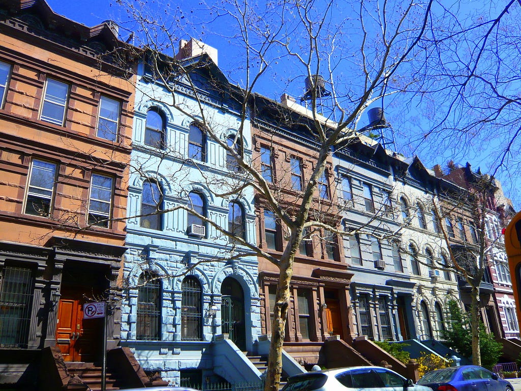 Colorful town home fronts.