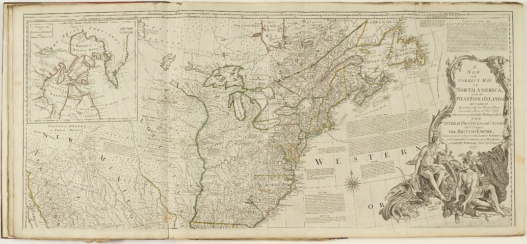 Map of Western North America, dated to 1777, featuring descriptive text and a decorative title in the bottom right corner, accompanied by two scantily-dressed figures with headdresses.