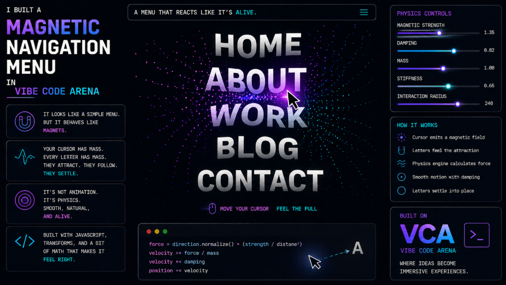 I Built a Magnetic Navigation Menu on Vibe Code Arena