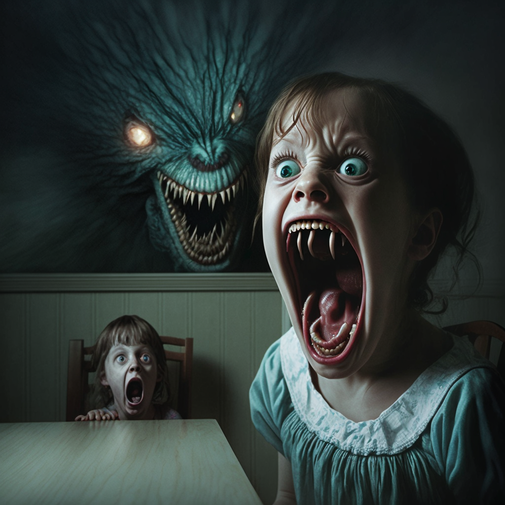 A girl screaming at a monster