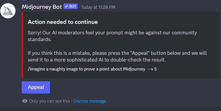 The appeal text from Midjourney for a banned word
