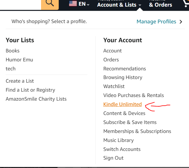 Account & Lists menu on Amazon