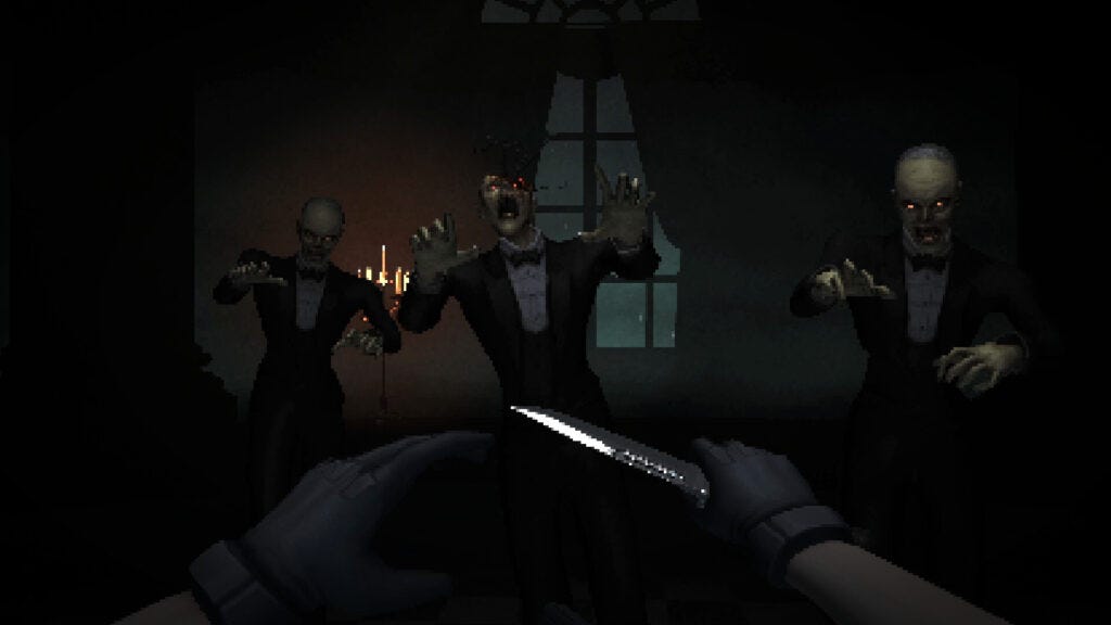 Three zombified butlers attack the player character, who wields a knife.