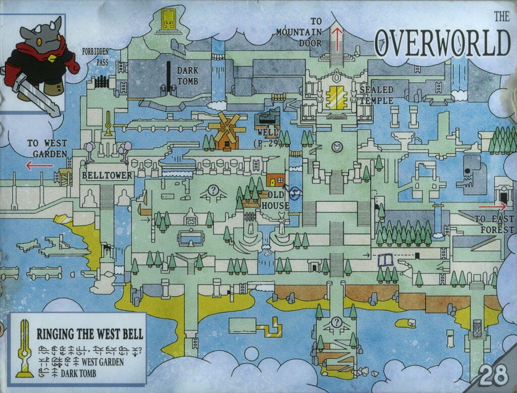 A hand drawn map of the Tunic game world in light colors.