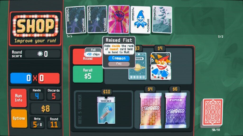 Screenshot of the game; the shop screen, where players can buy various exnapsions and Jokers.