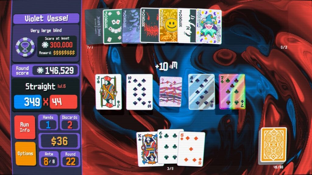 Screenshot from the game; the player's hand is displayed, adding 10m to their score.