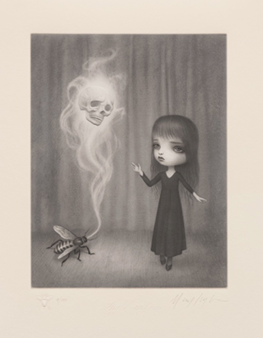 Mark Ryden's drawing of a girl and a bee spewing forth smokey ectoplasm. 