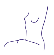 Desenho vetorial em linha roxa sobre fundo branco. Silhueta sentada de um corpo (do busto ao joelho).
