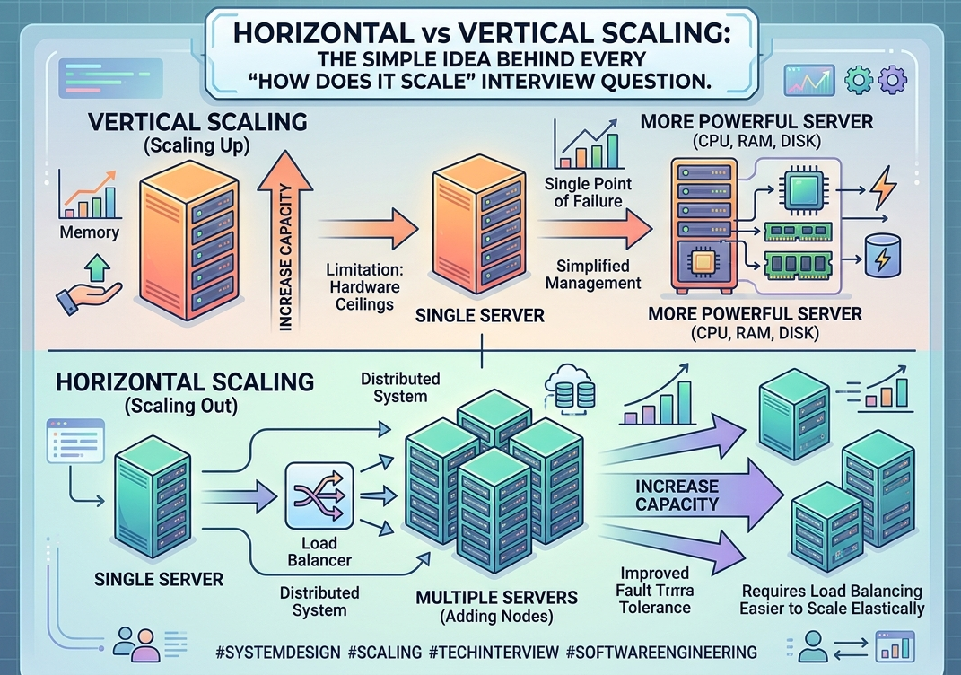 Horizontal vs Vertical Scaling: The Simple Idea Behind Every “How Does It Scale” Interview Question