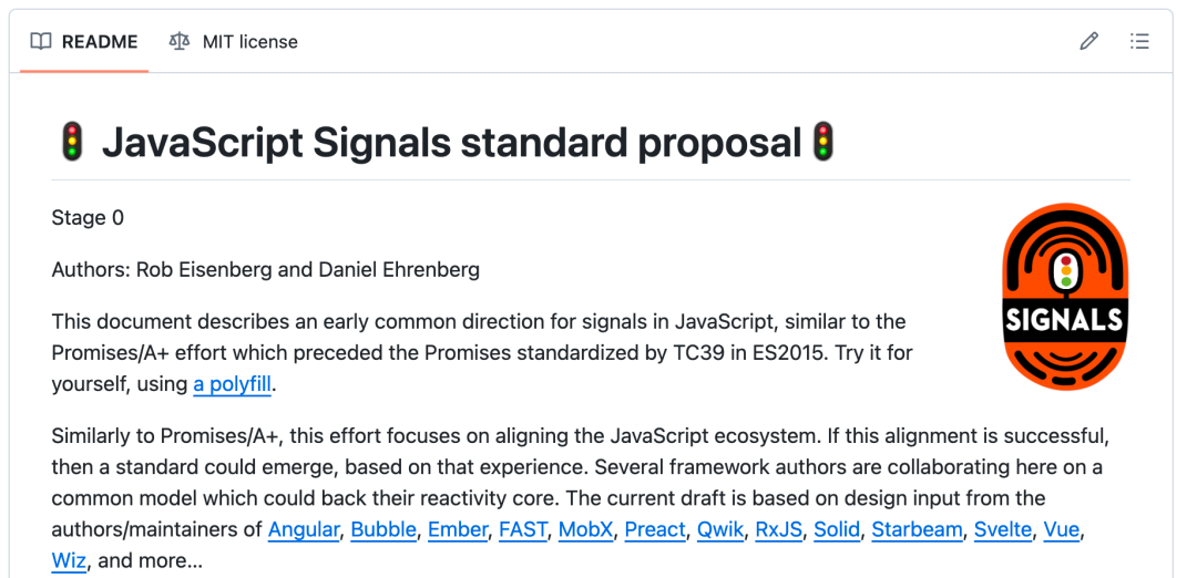 Signals, which is used by front-end frameworks, has a standardization proposal