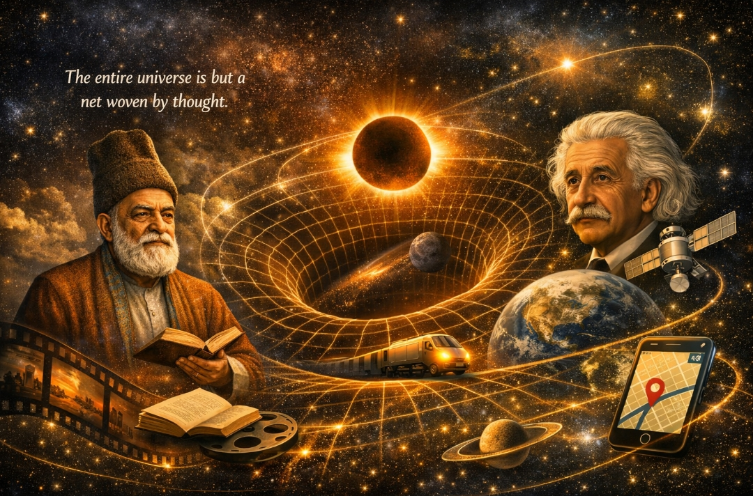 Einstein’s Fabric of Spacetime and Mirza Ghalib’s Halqa-e-Daam-e-Khaya
