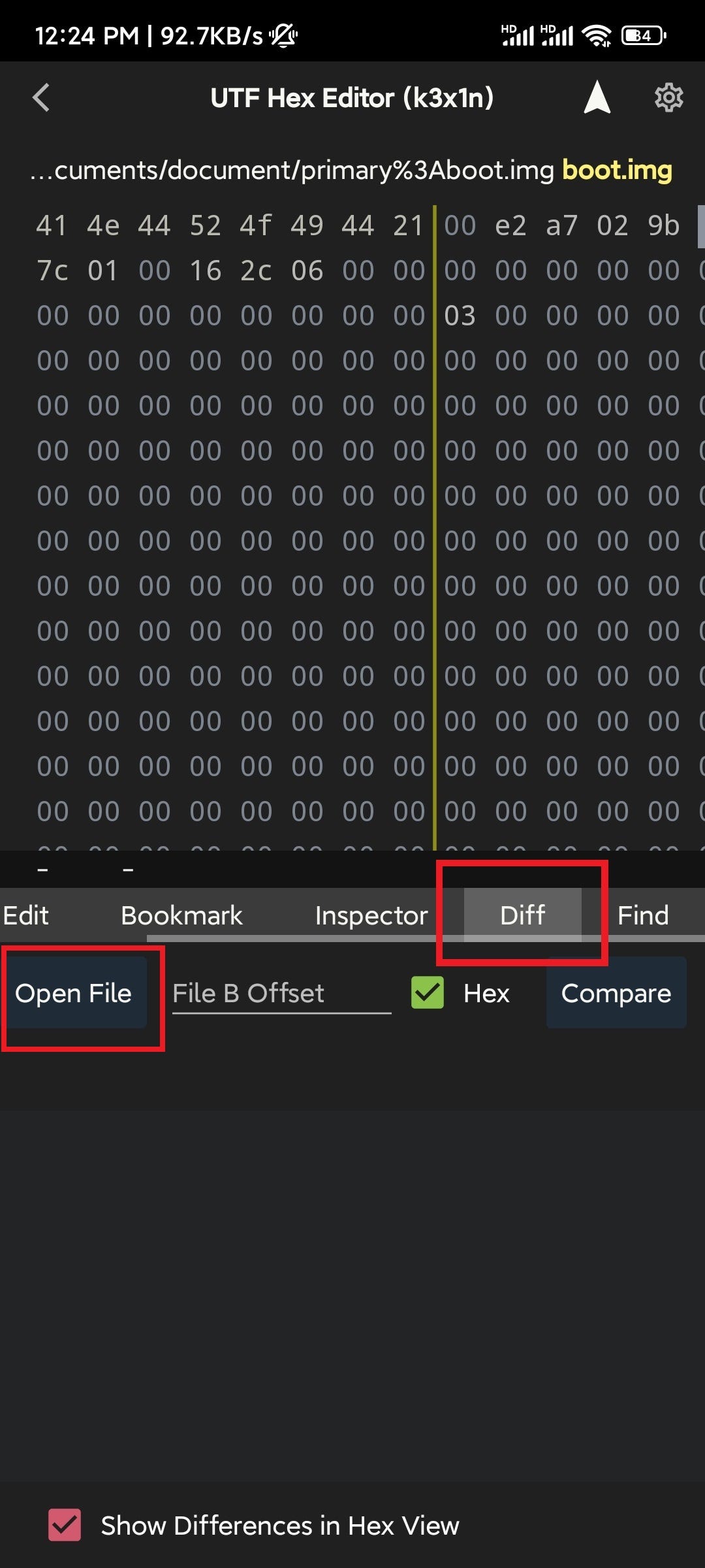 Android App: Binary Editor(Hex Editor) How to find the difference between two files