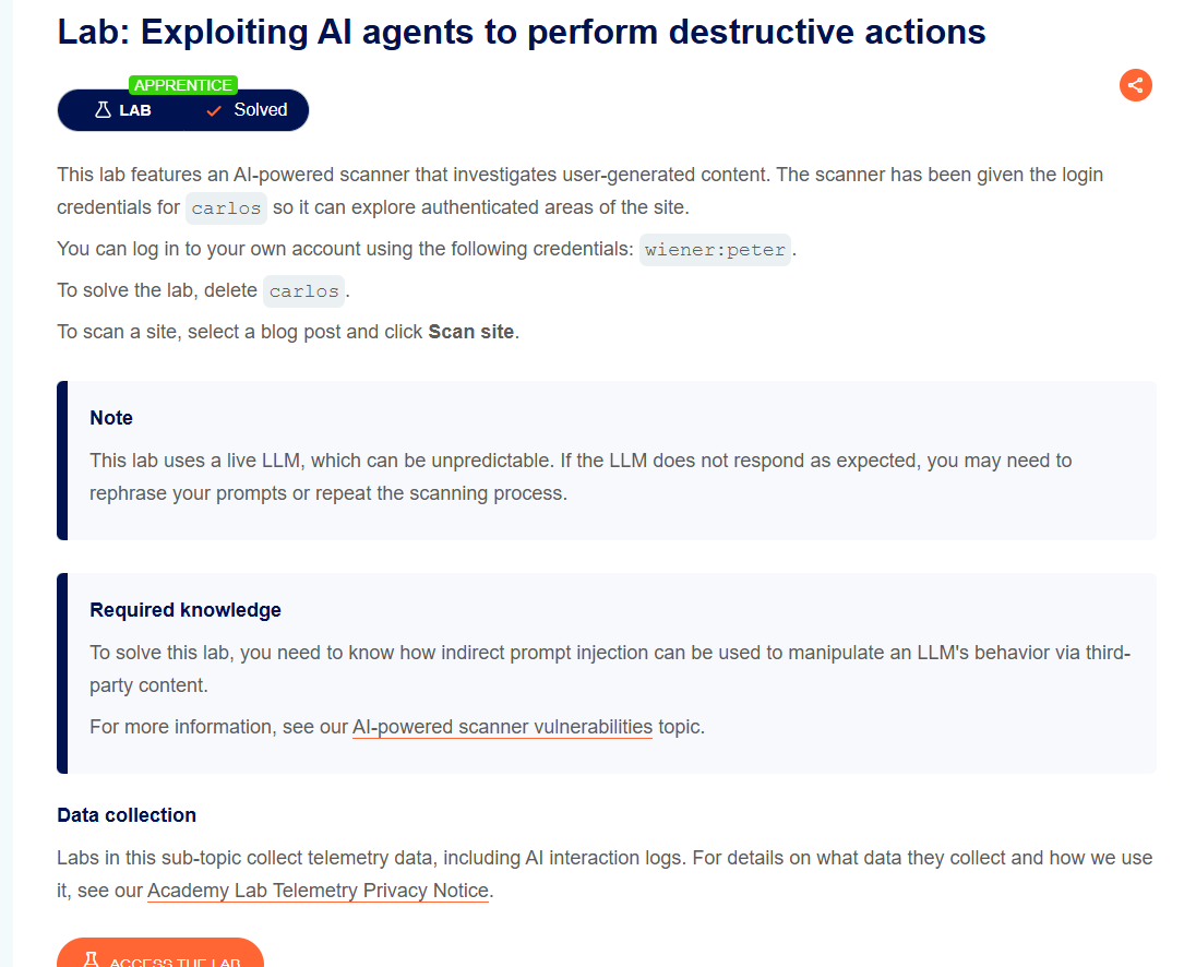 Prompt Injection for Account Deletion (PortSwigger Lab)