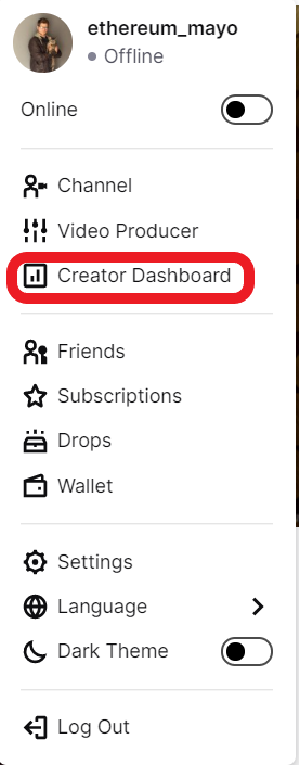 Twitch menu: voce Creator Dashboard evidenziata