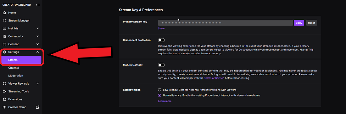 Twitch Creator Dashboard: Settings e Stream evidenziati