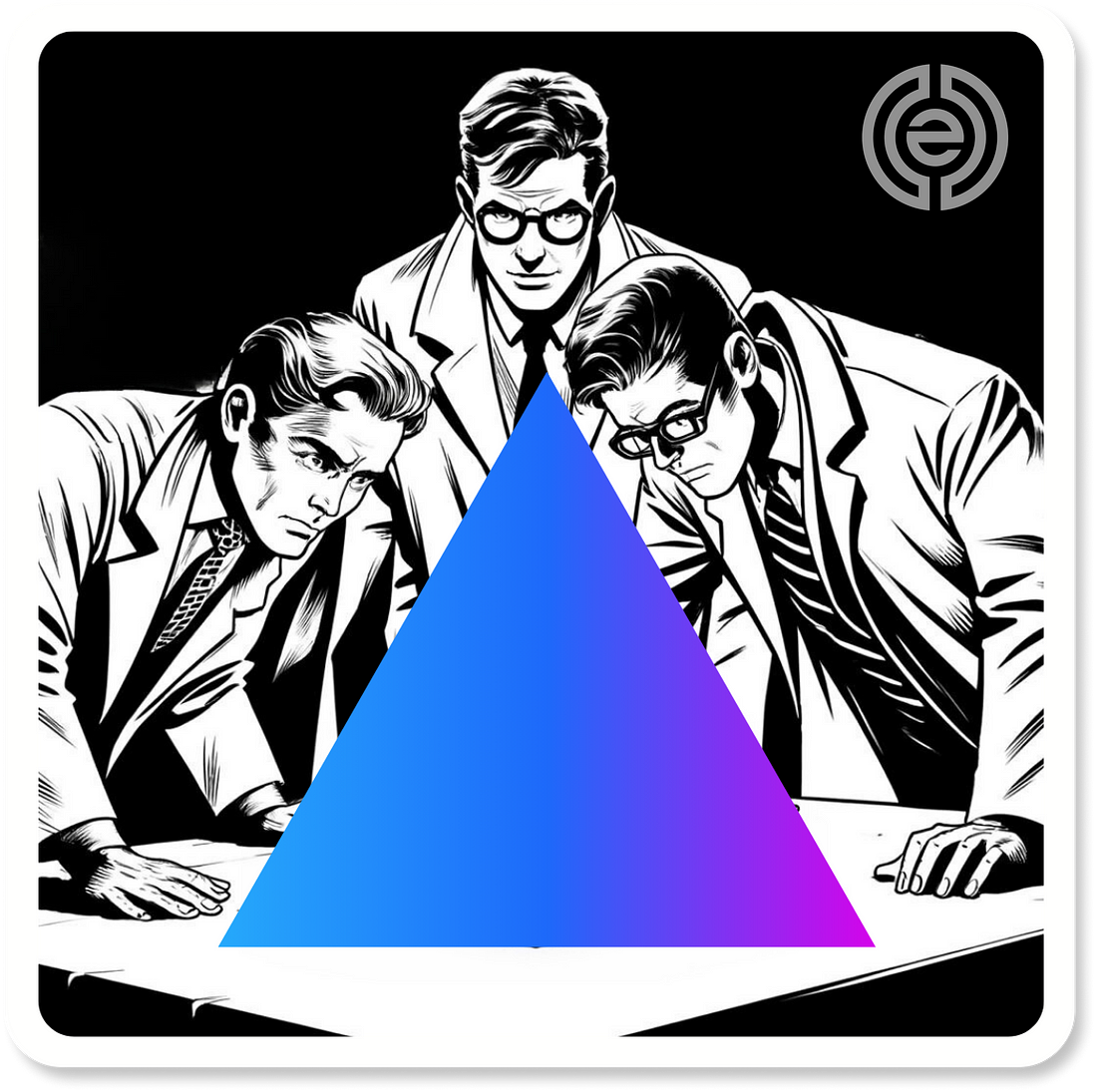 Comic book style graphic with three men examining a purple triangle