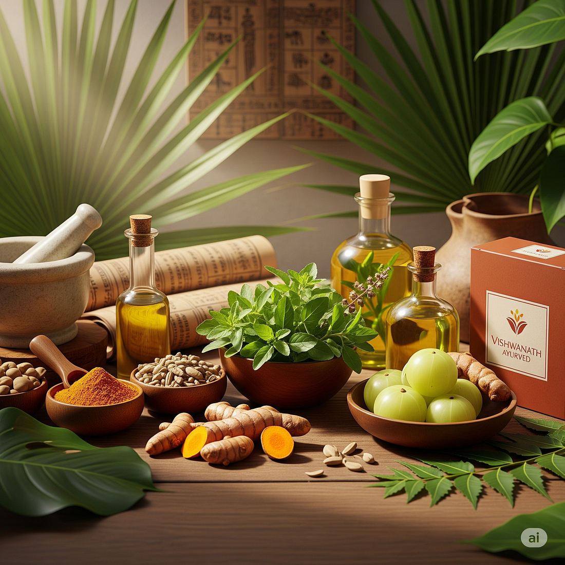 “A vibrant Ayurvedic wellness scene featuring traditional herbal ingredients arranged on a wooden table. The setup includes bowls of turmeric powder, fresh turmeric roots, amla fruits, basil leaves, neem leaves, and seeds. Glass bottles of herbal oils, a mortar and pestle, palm leaves, ancient scrolls, and a branded ‘Vishwanath Ayurved’ product box complete the serene setting. Sunlight filters softly through tropical plants in the background, evoking natural healing and holistic wellness.”
