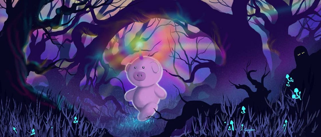 A magical pig walking into the dark forest, protected by a rainbow horn.