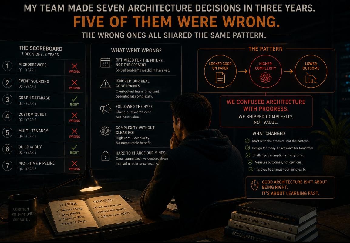 My team made seven architecture decisions in three years. Five of them were wrong.