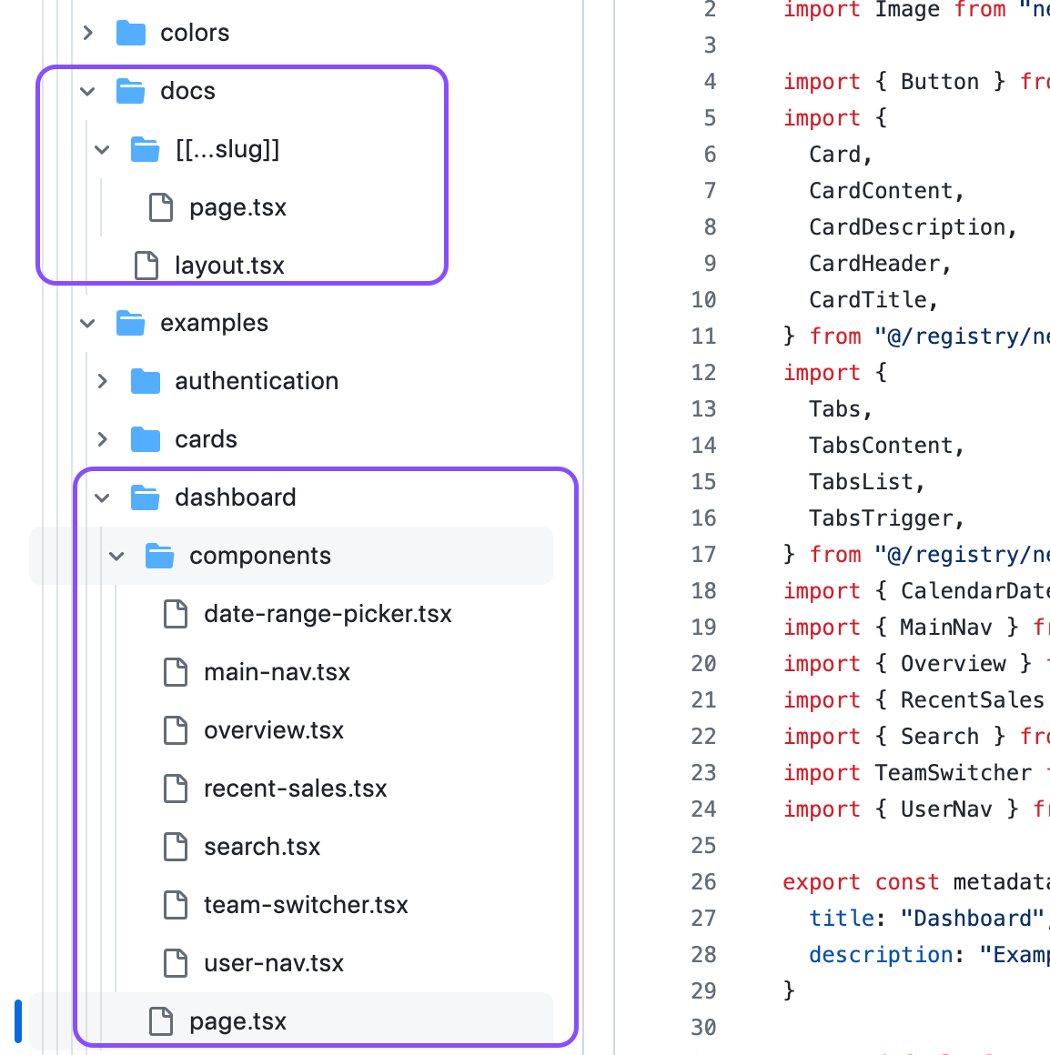 Comparison of file and component structures among Shadcn-ui, Plane.so and Gitroom.