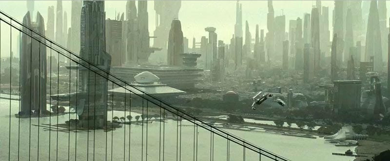 A vision of a Green Future, in which the air and the new SF metropolis are actually green, as in this Star Trek movie still.