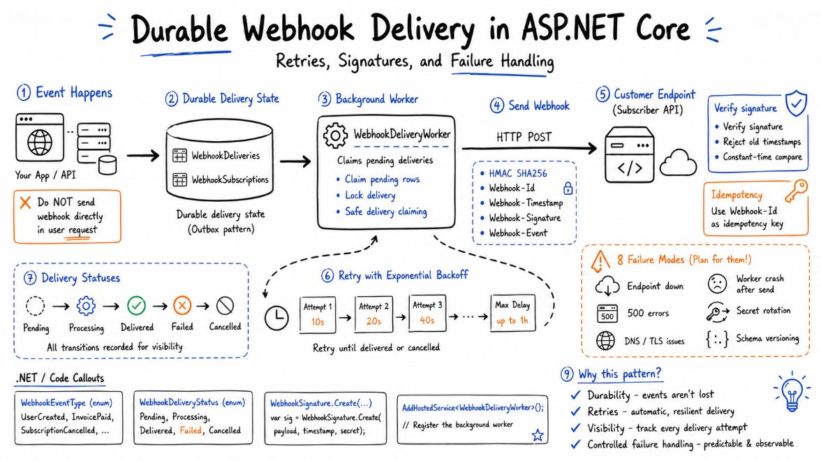 Durable Webhook Delivery in ASP.NET Core: Retries, Signatures, and Failure Handling
