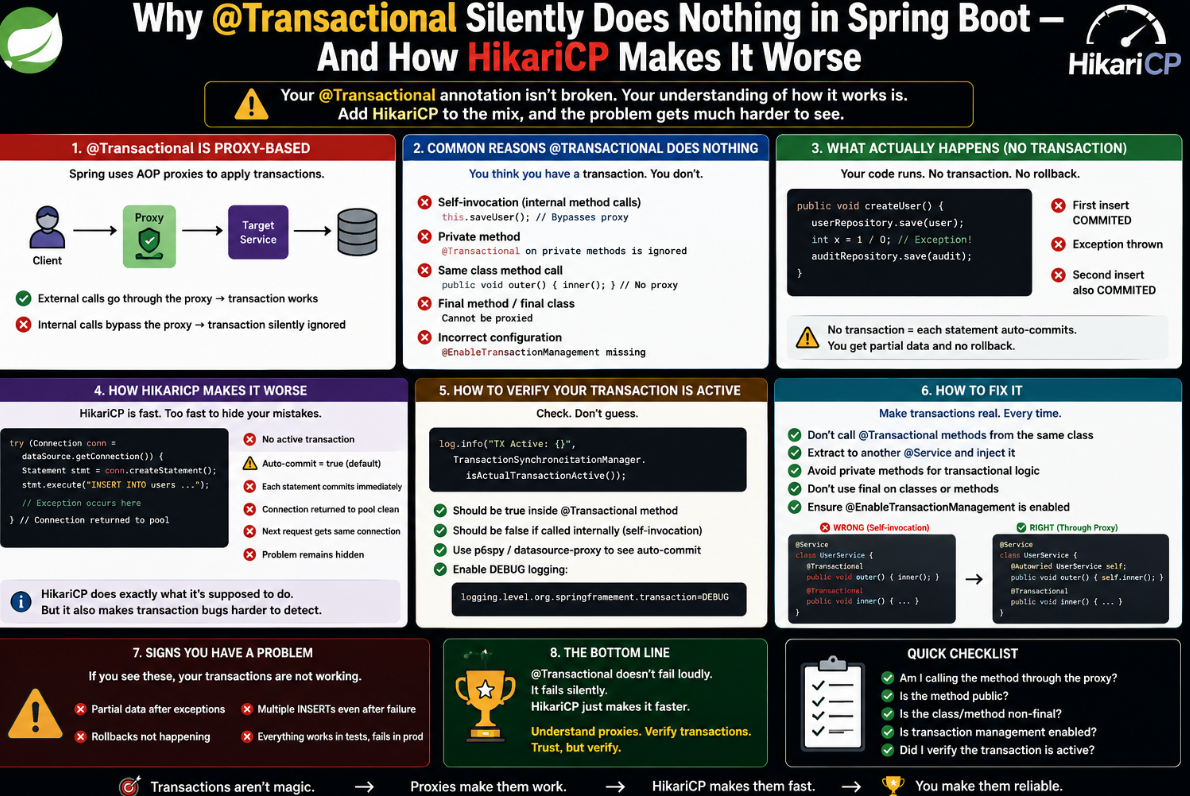 Why @Transactional Silently Does Nothing in Spring Boot — And How HikariCP Makes It Worse