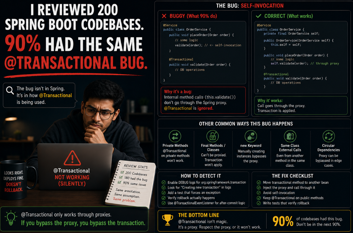 I Reviewed 200 Spring Boot Codebases. 90% Had the Same @Transactional Bug.