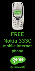 Campanha promocional do GenieMobile oferecendo um celular Nokia 3330 com acesso à internet gratuito para novos usuários.