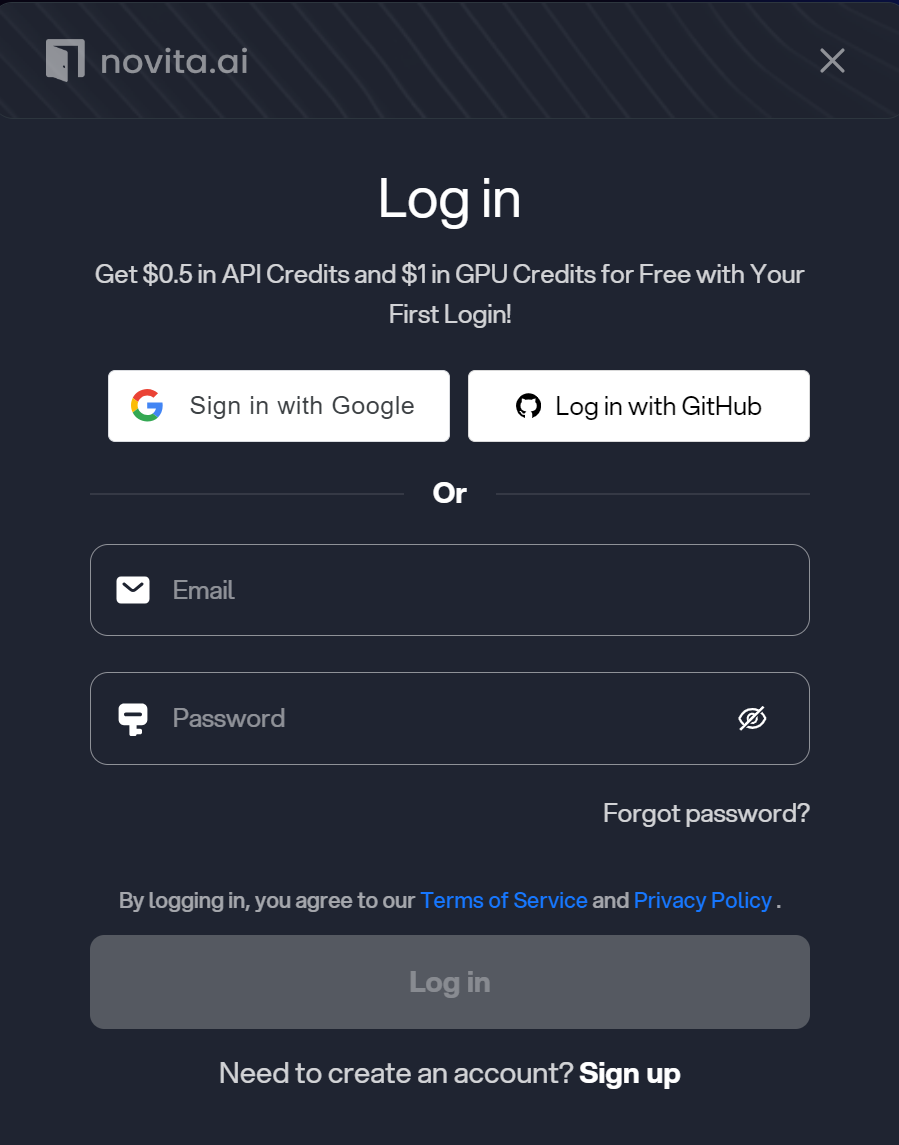 novita ai log in, google, github