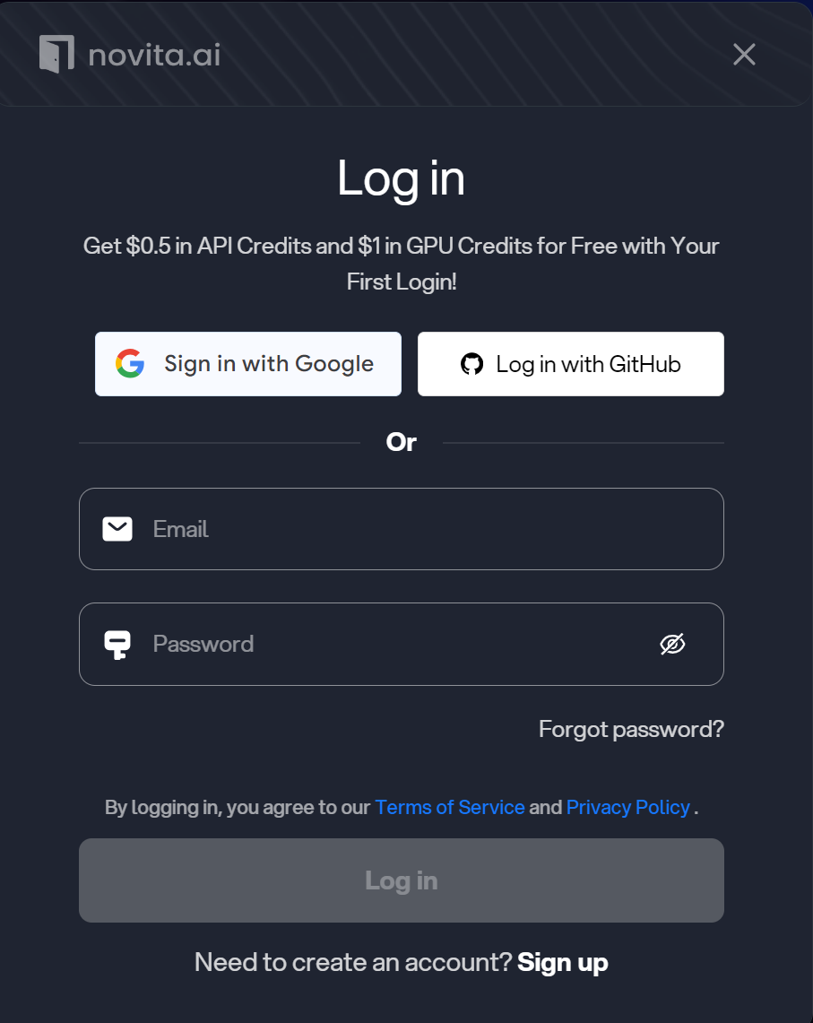 Novita ai log in page