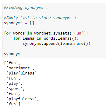 Figure 109: Finding synonyms with Wordnet and Python.