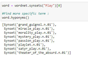 Figure 107: using Wordnet to find a hyponym with Python.