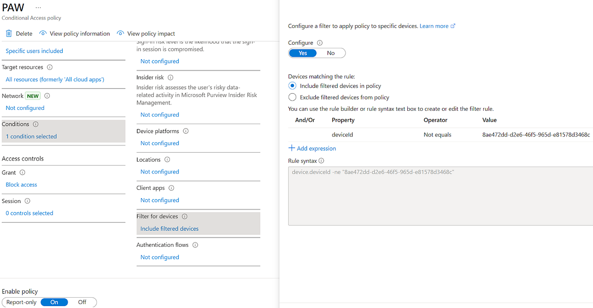 An example of a conditional access policy for a privileged access workstation (PAW)