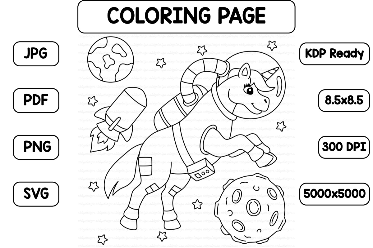 Unicorn Astronaut in Space Coloring Page (Kids Coloring Pages)