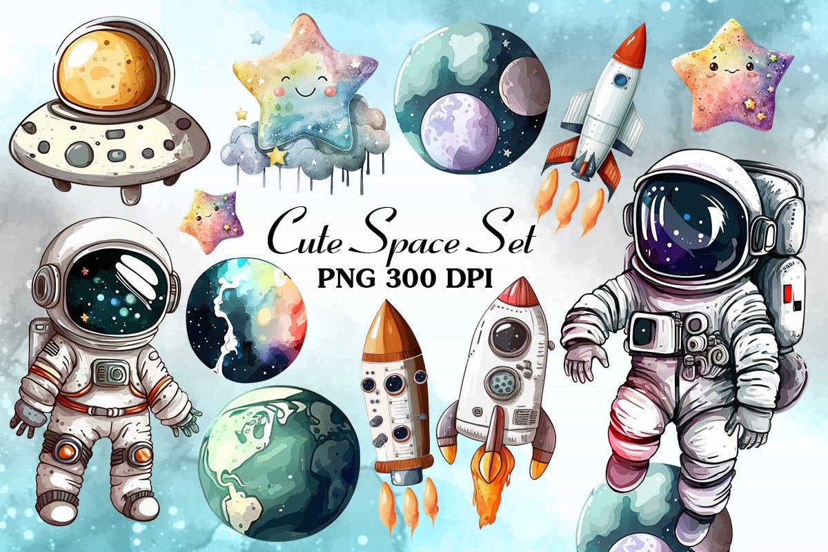 Space of Astronaut Watercolor Clipart (Printable Illustrations)