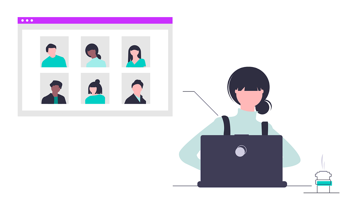 Vector image of a young woman facing her computer, on a video call