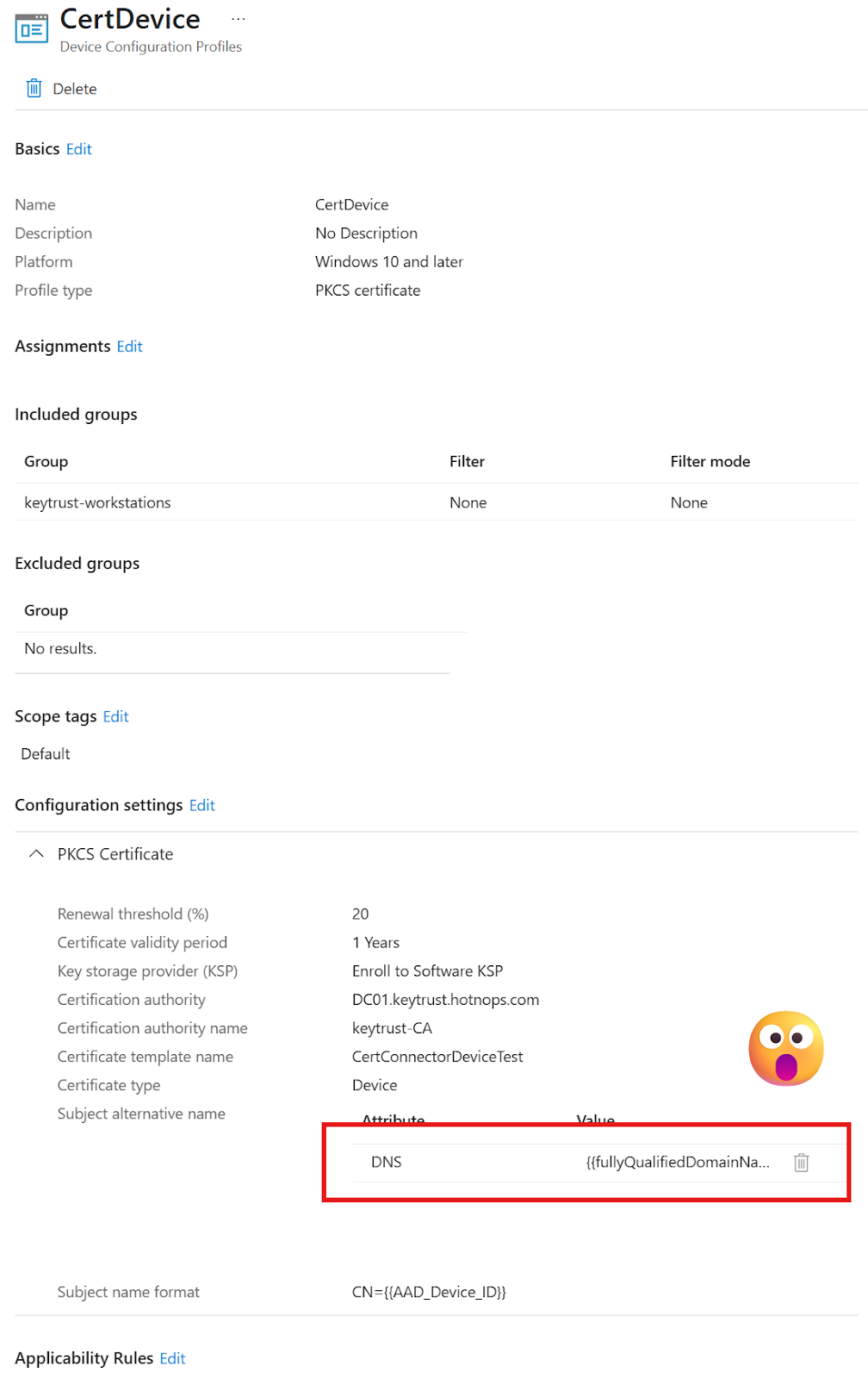 A device configuration policy for PKCS certificates is vulnerable to ADCS ESC1 by default