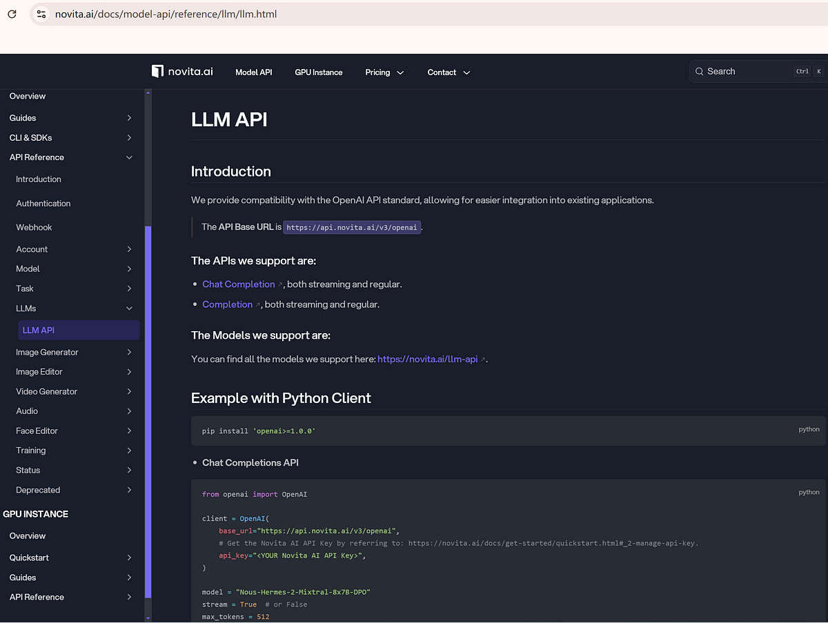 Novita llm api interface