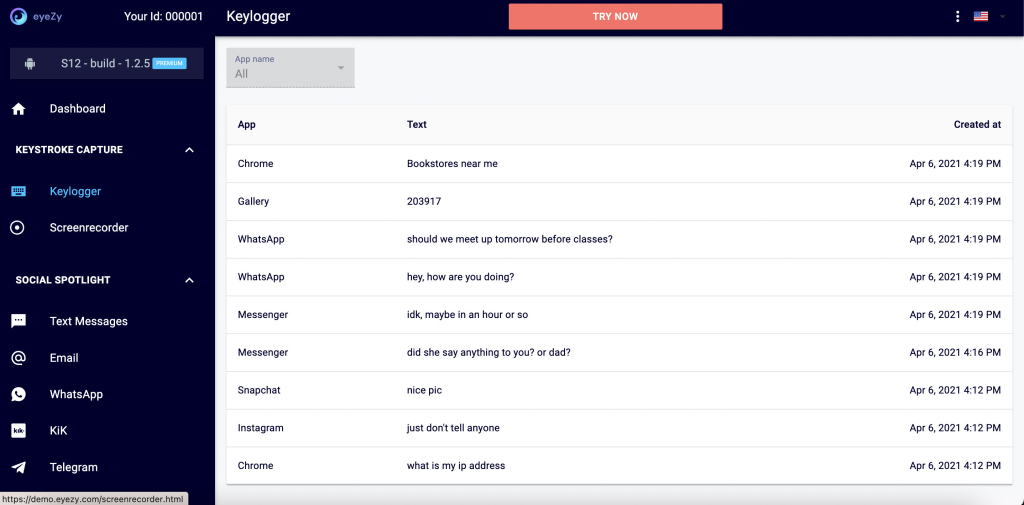 EyeZy's keylogger for monitoring Telegram activity