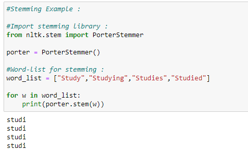 Code snippet showing an NLP stemming example.