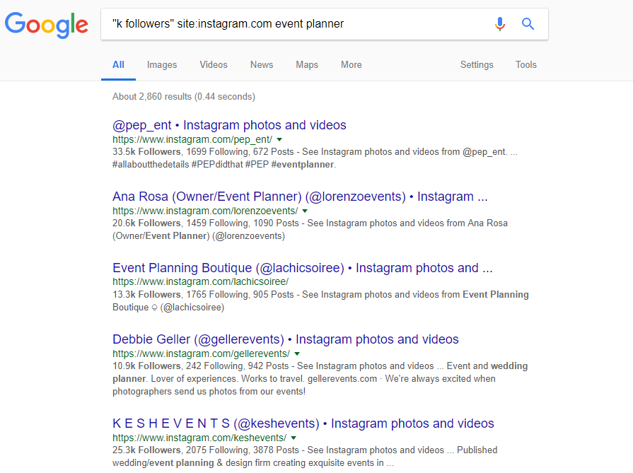 as you can see it comes up with a variety of results that includes event planners or event planning with this you can easily come up with a list of - instagram when do you get the k in followers