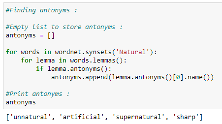 Figure 110: Finding antonyms with Wordnet using Python.