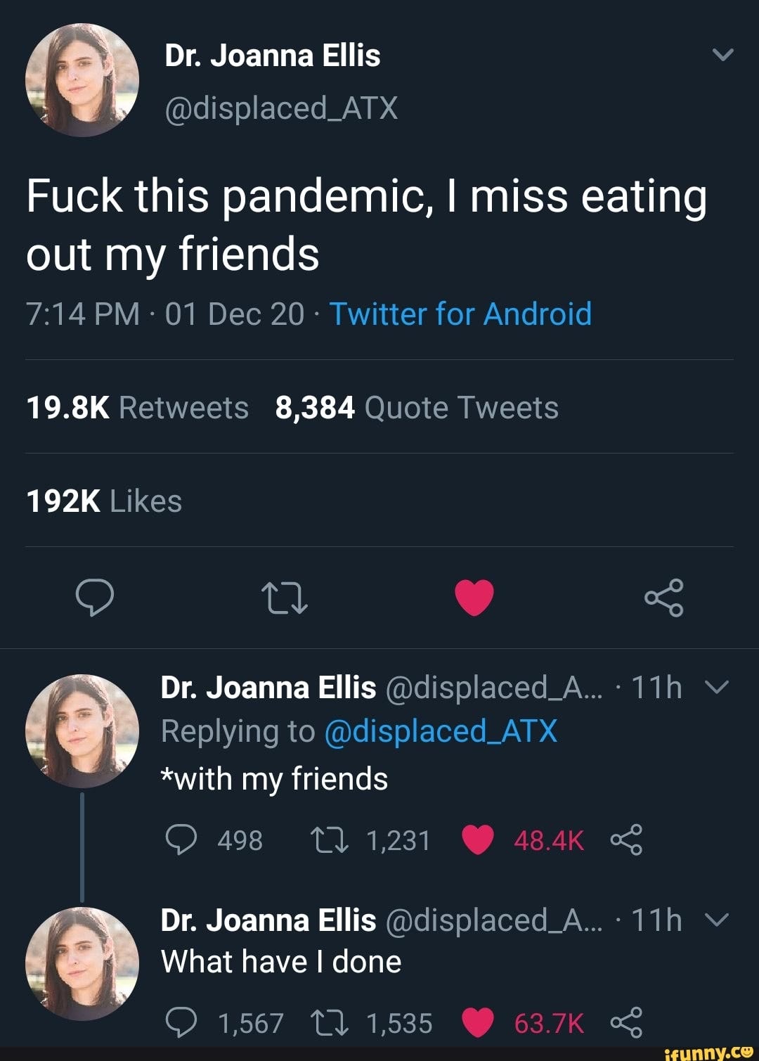 Screenshot of a tweet with a typo. The tweet reads, “Fuck this pandemic, I miss eating out my friends.”