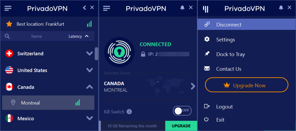 PrivadoVPN, the best free gambling VPN's interface