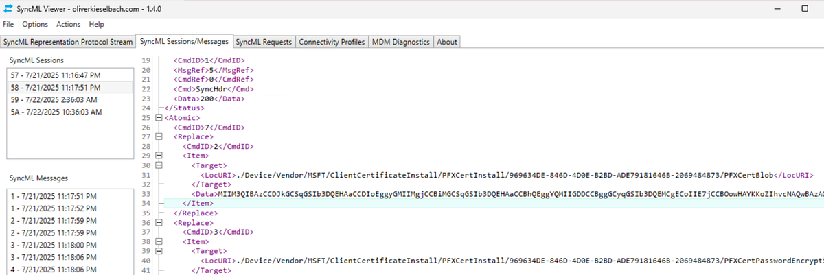 SyncML viewer shows an OMA DM message with a certificate blob being sent to the enrolled device